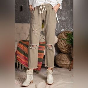 EASEL Distressed Twill Boyfriend Fit Pants Khaki Large